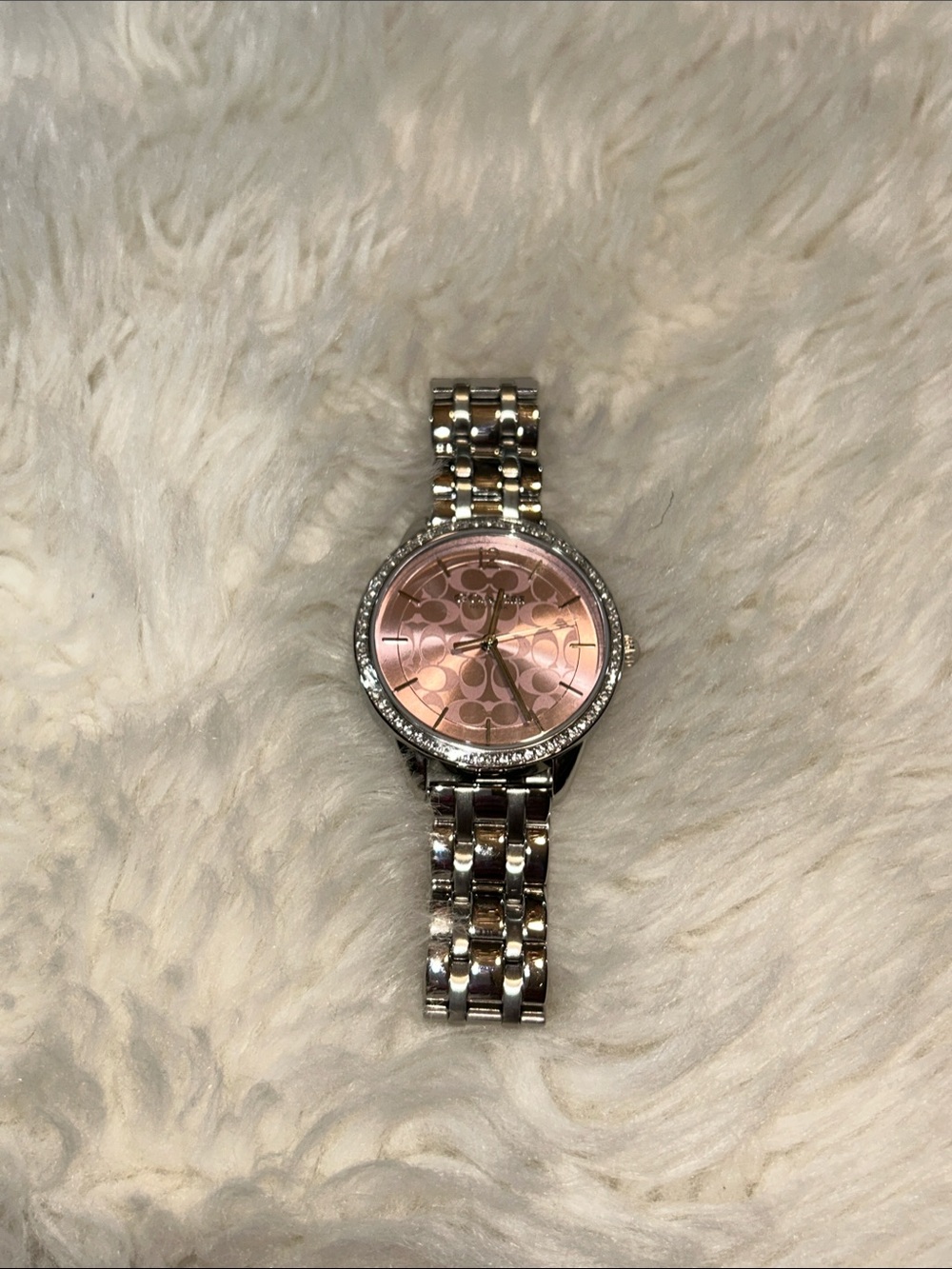 Coach Silver-Tone Watch with Pink Signature Dial and Crystal Bezel